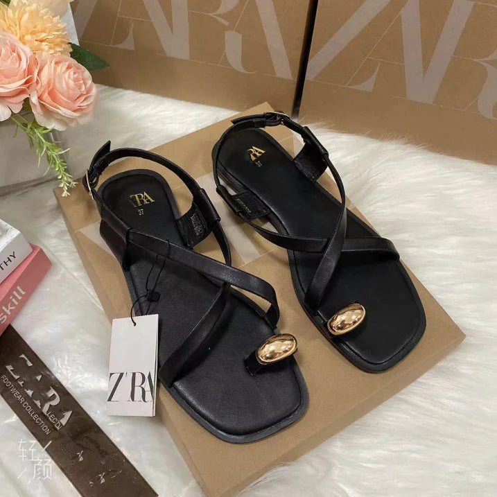 Comfortable Ladies Gold Buckle Sandals - Luxivelle