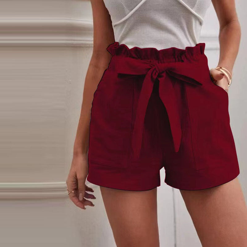 Elastic Waist Ladies Shorts with Adjustable Belt and Pockets