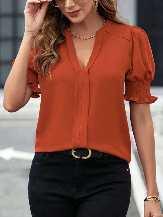 Ladies' V Neck Ruffled Sleeve Top