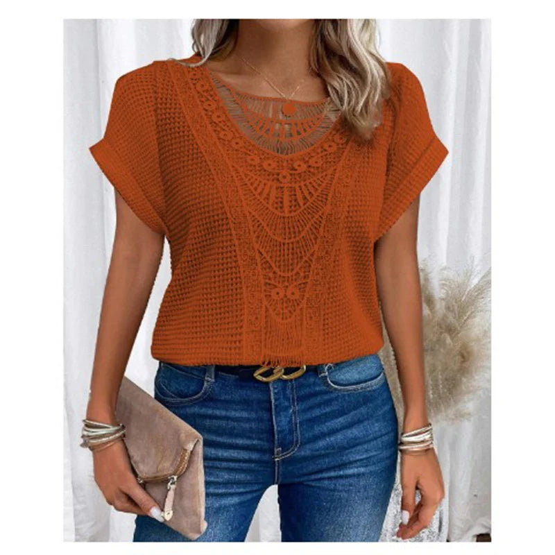 Feminine Crochet Trim Short Sleeve Blouse