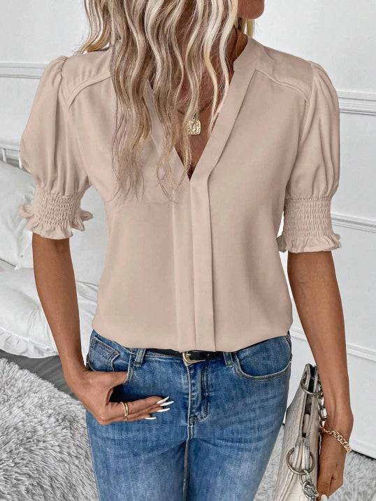 Ladies' V Neck Ruffled Sleeve Top