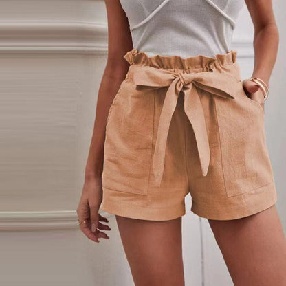 Elastic Waist Ladies Shorts with Adjustable Belt and Pockets