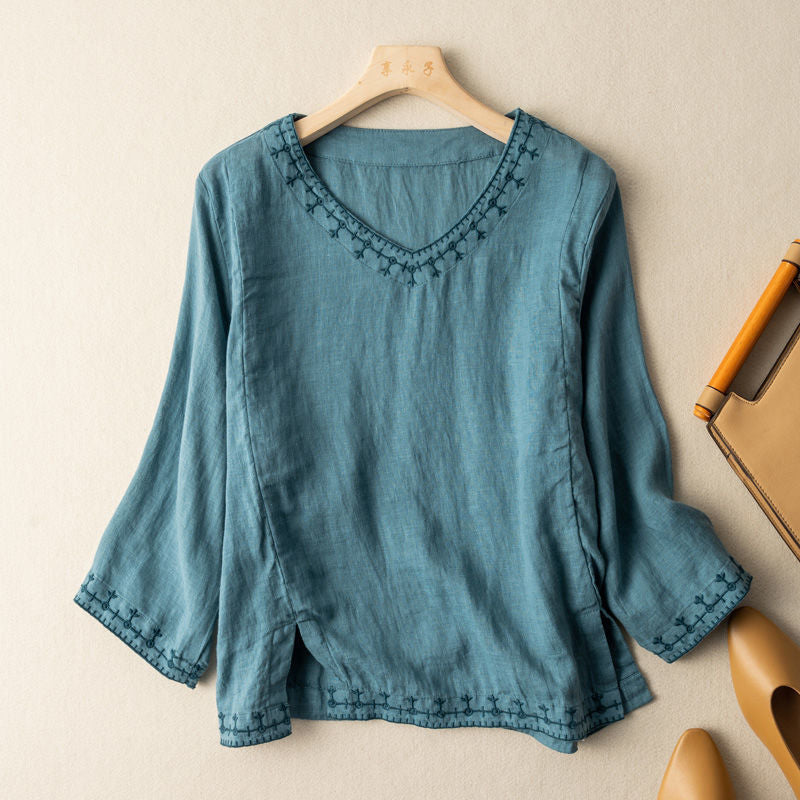 Decorative V Neck Embroidered Ladies Blouse