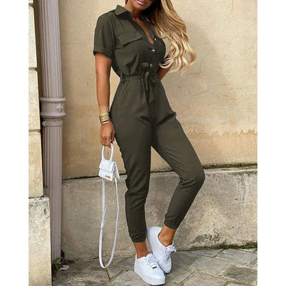 Ladies' V-Neck Jumpsuit with Front Buttons