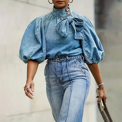 Ladies' Ruffled High Neck Puffed Sleeve Top