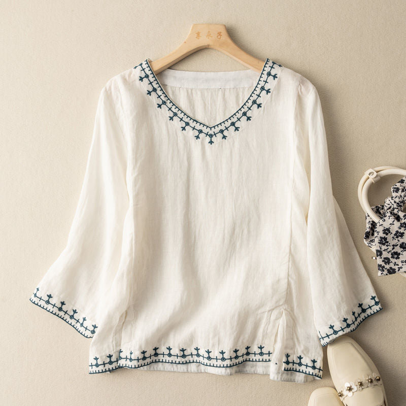 Decorative V Neck Embroidered Ladies Blouse - Luxivelle