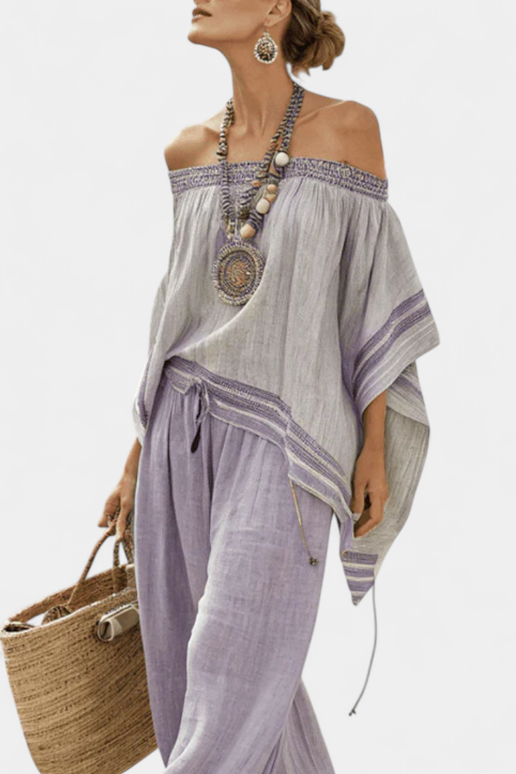 Off-Shoulder Striped Women's Set | Loungewear Two Piece Set 1