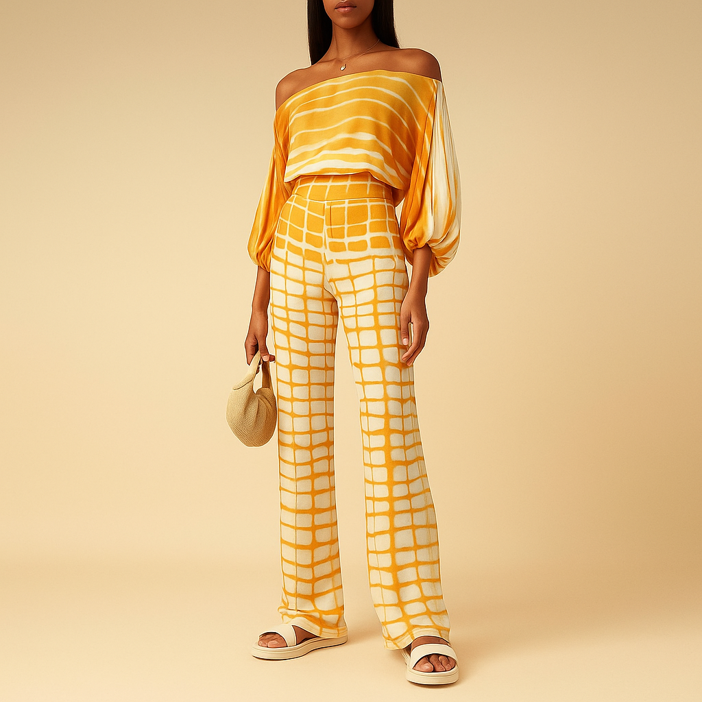 Women’s summer outfit with off-shoulder top and wide-leg trousers in soft colours and prints, ideal for warm days, dinners, or office wear