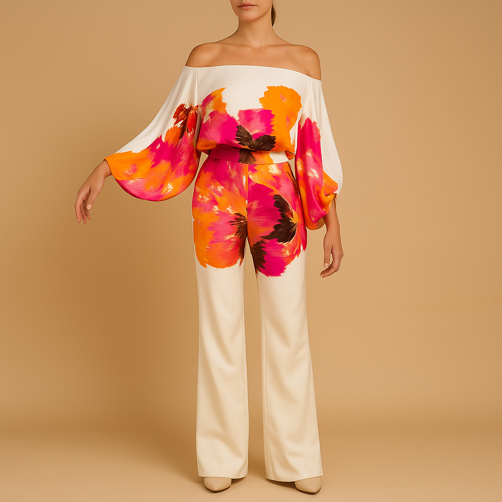 Women’s summer outfit with off-shoulder top and wide-leg trousers in soft colours and prints, ideal for warm days, dinners, or office wear