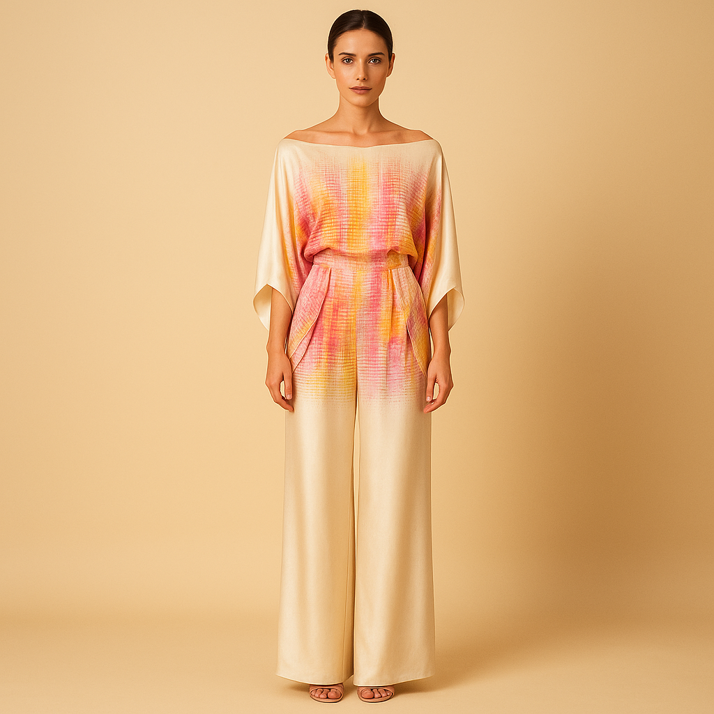 Women’s summer outfit with off-shoulder top and wide-leg trousers in soft colours and prints, ideal for warm days, dinners, or office wear