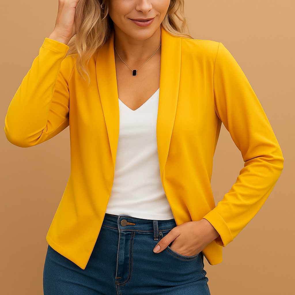 Women’s open-front blazer in black, beige, and navy with a flattering tailored fit, ideal for work, casual wear, or evening occasions