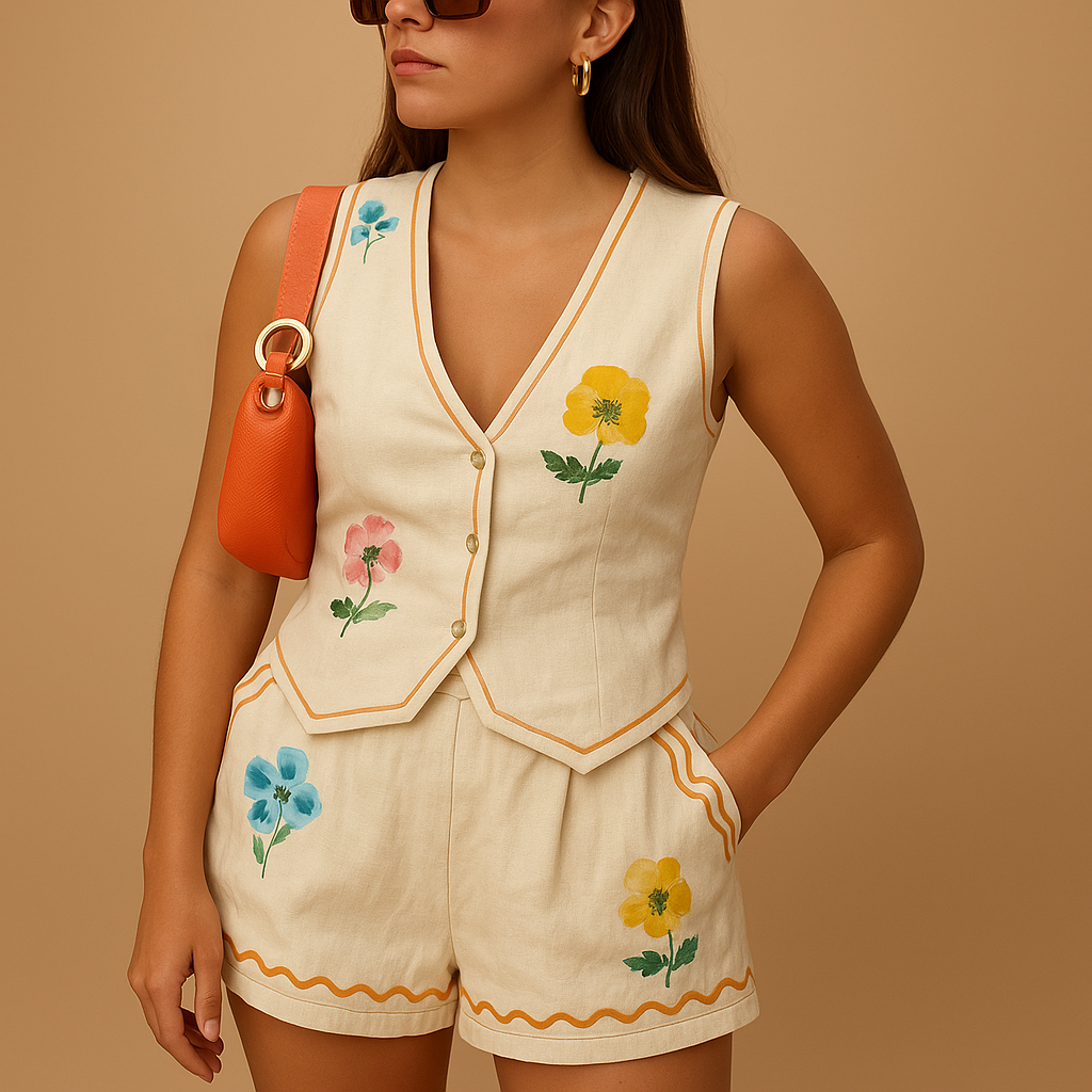 Lightweight loungewear set for women featuring a collar shirt and printed shorts, ideal for summer lounging, travel, or casual outings