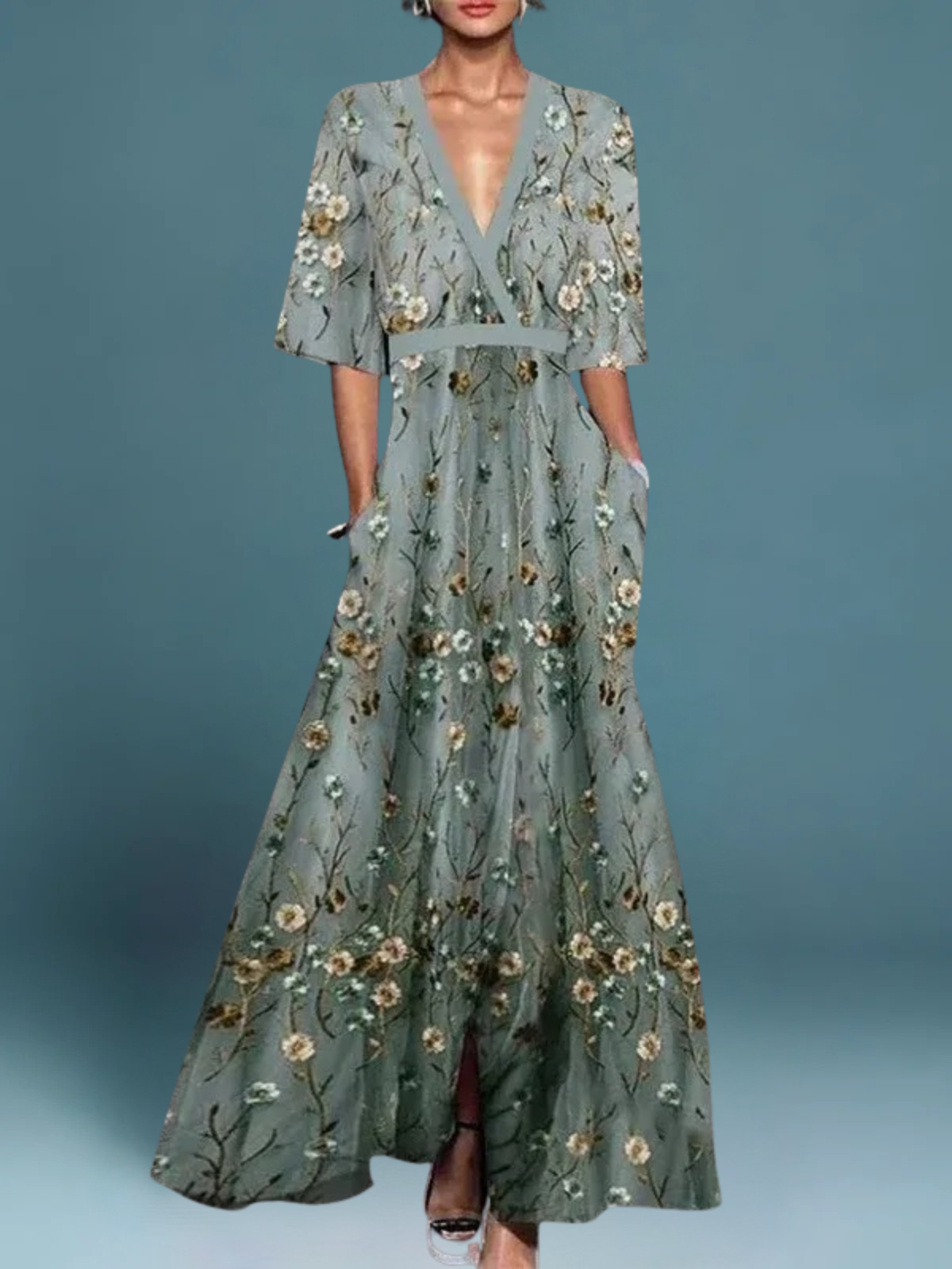 Chic Floral V-Neck Waist Belted Dress - Luxivelle