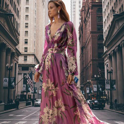 Elegant Floral Chiffon Maxi Dress for Women - Luxivelle