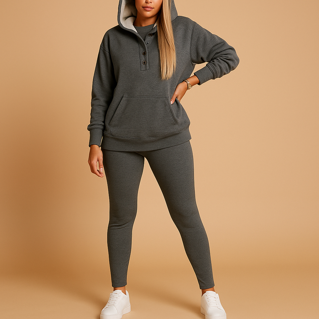Women’s hoodie and jogger set with relaxed fit and long sleeves, ideal for lounging or outdoor casual wear in cooler weather