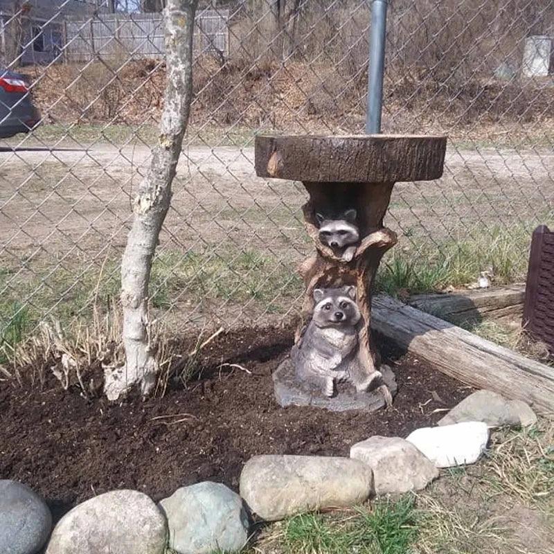 Classic Outdoor Bird Bath - Decorative Raccoon Style