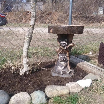 Classic Outdoor Bird Bath - Decorative Raccoon Style