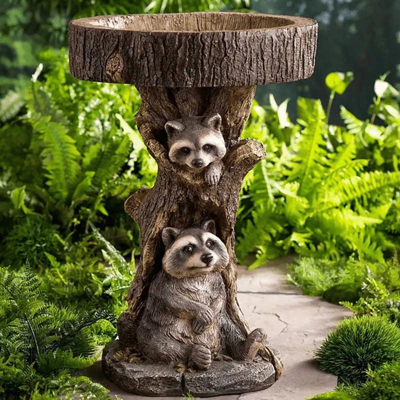 Classic Outdoor Bird Bath - Decorative Raccoon Style