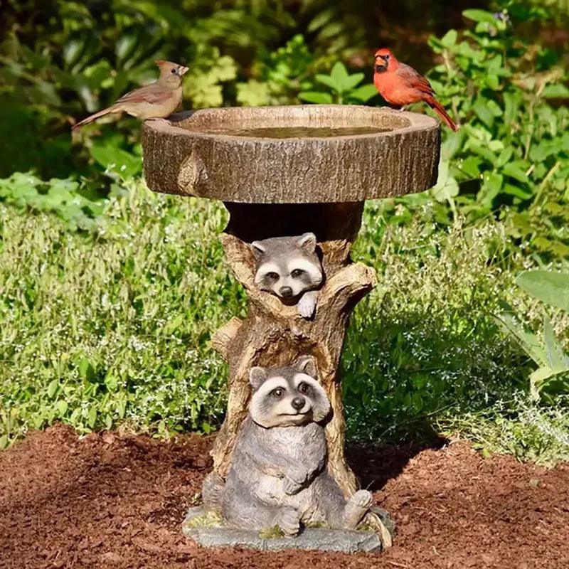 Classic Outdoor Bird Bath - Decorative Raccoon Style