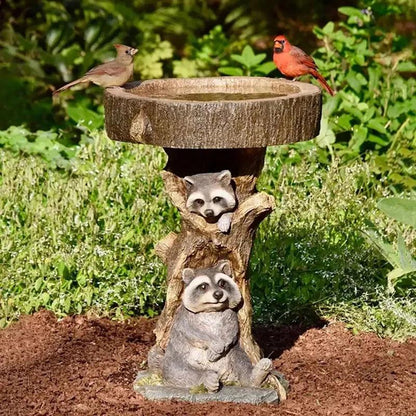 Classic Outdoor Bird Bath - Decorative Raccoon Style