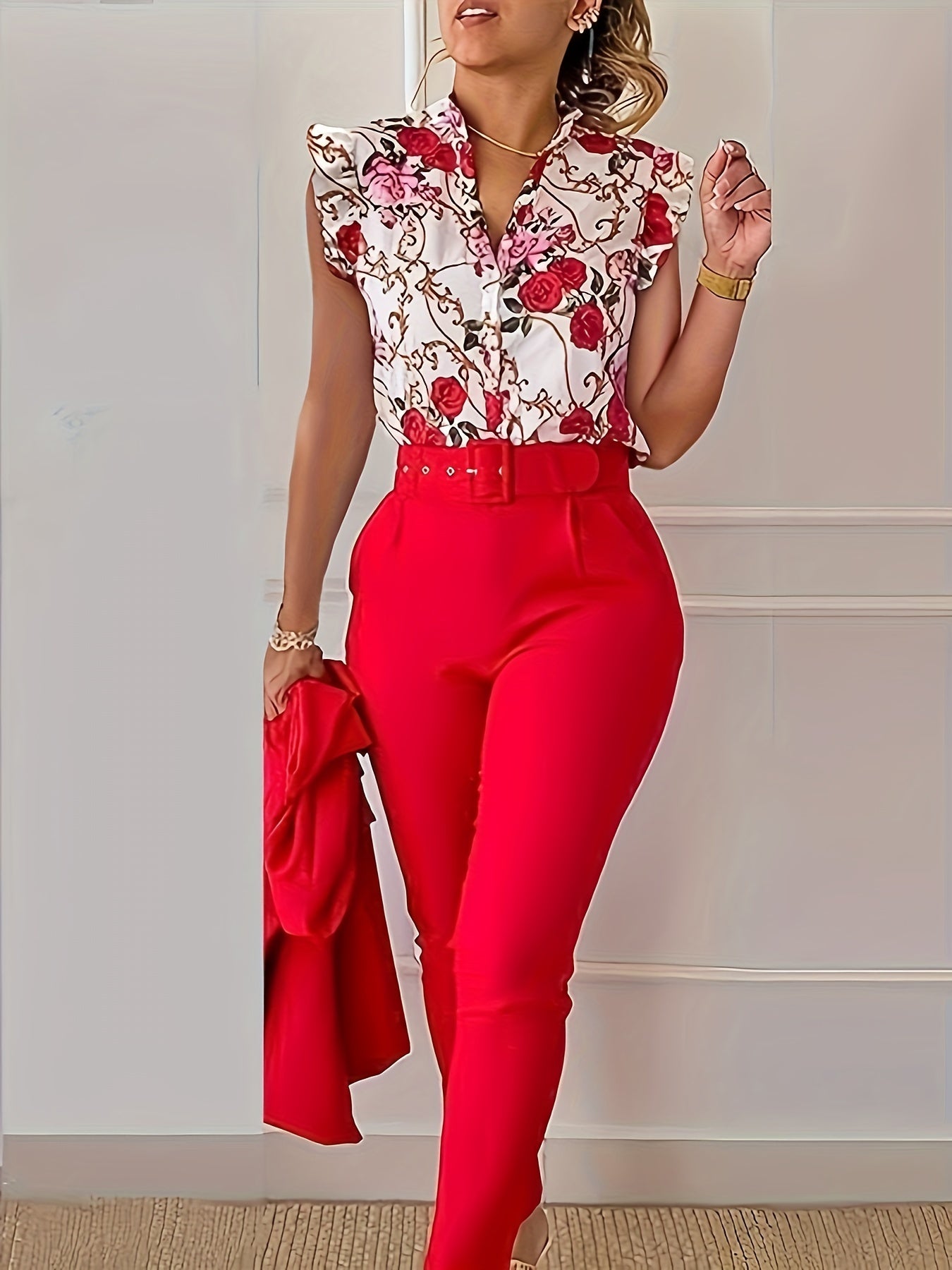 Floral Blouse and Fitted Pants Set