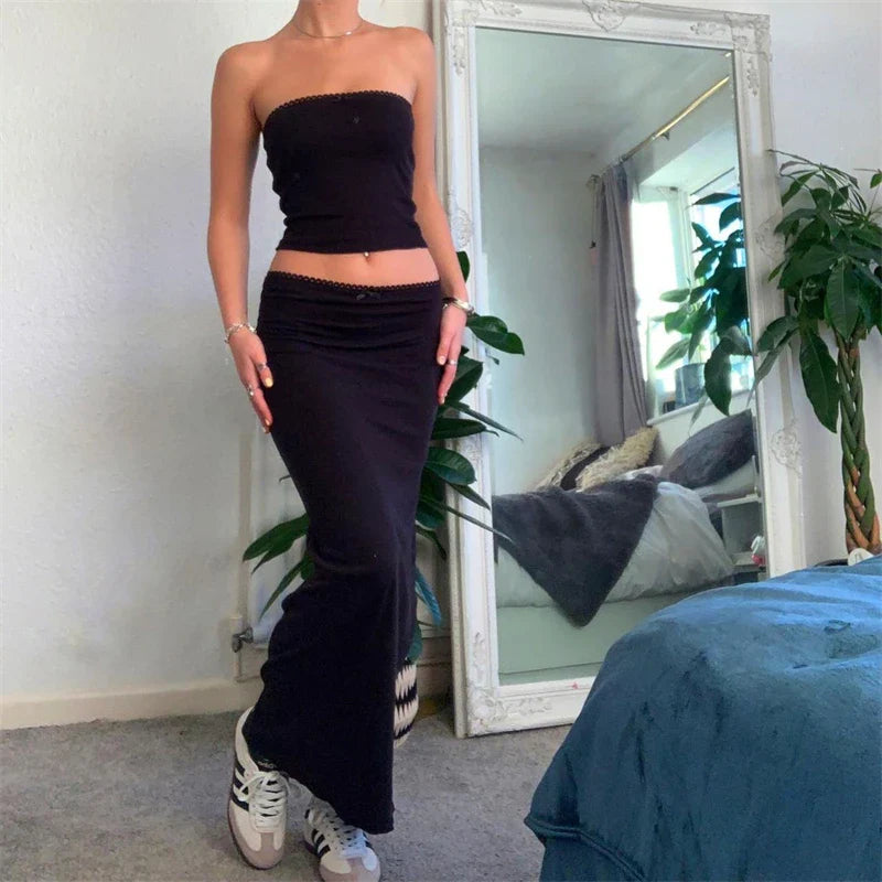 Vera | Two Piece Skirt Set - Spaghetti Strap Crop Top & Maxi Midi Skirt-2