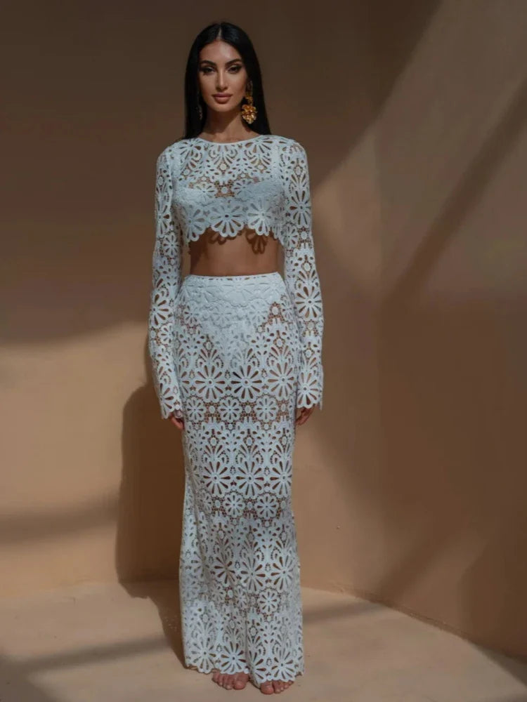 Variant image for Wendy | White Beach Dress Set for Women - Elegant Embroidery & Hollow-Out Design-2