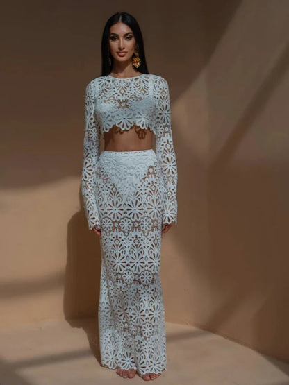 Variant image for Wendy | White Beach Dress Set for Women - Elegant Embroidery & Hollow-Out Design-2