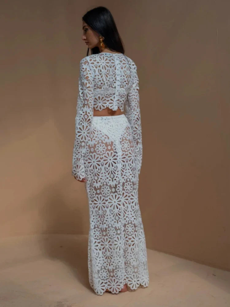 Wendy | White Beach Dress Set for Women - Elegant Embroidery & Hollow-Out Design-3