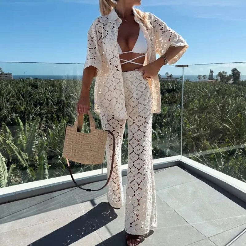 Variant image for Wendy | White Two Piece Set - Chic Lace Hollow-Out Co-Ord Set for Women-4