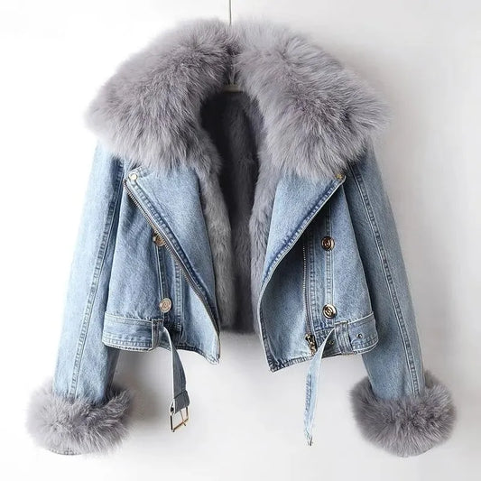 Women's Classic Blue Jeans Jacket with Embellished Details - Luxivelle