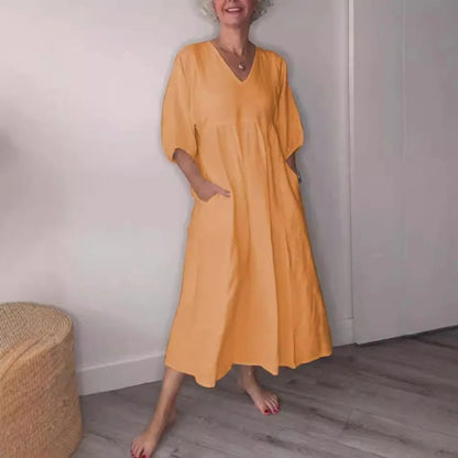 Comfy V Neck Knee Length Dress with Pockets - Luxivelle