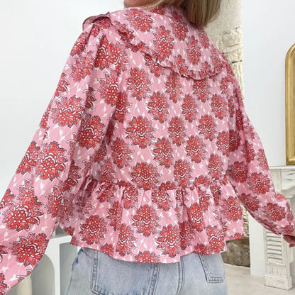 Feminine Floral Lace Trimmed Long Sleeve Top