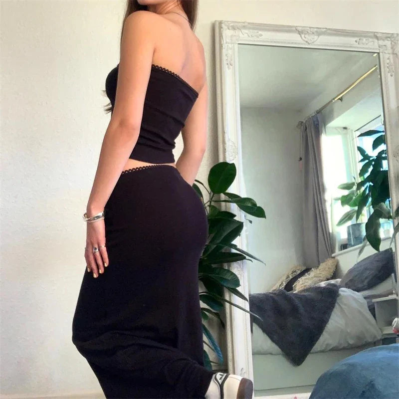 Vera | Two Piece Skirt Set - Spaghetti Strap Crop Top & Maxi Midi Skirt-3