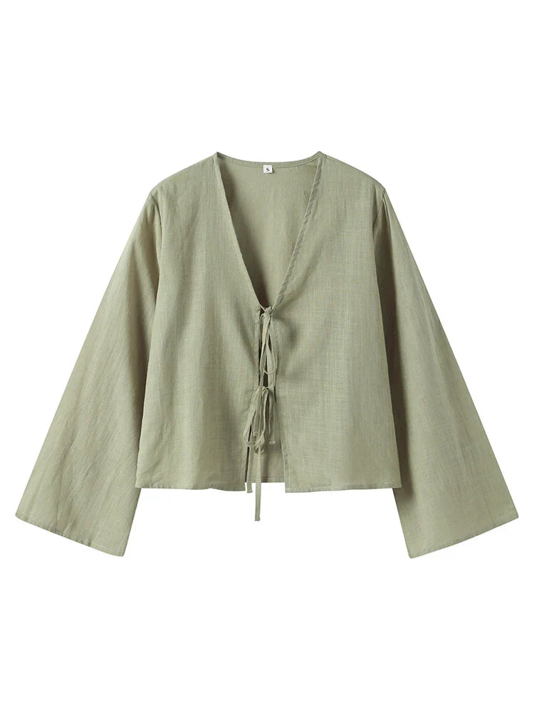 Feminine Tie Front Long Sleeve Top - Luxivelle