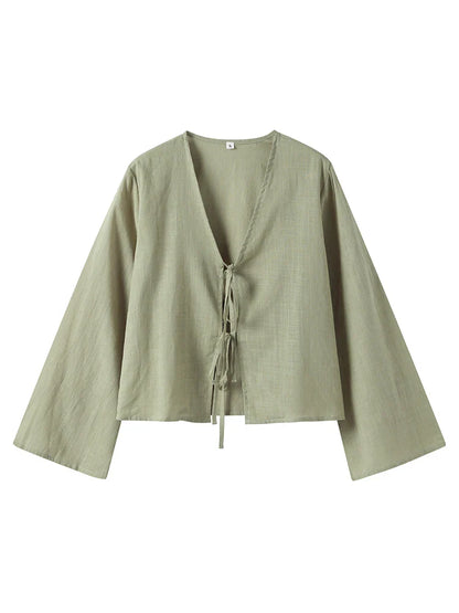 Feminine Tie Front Long Sleeve Top - Luxivelle