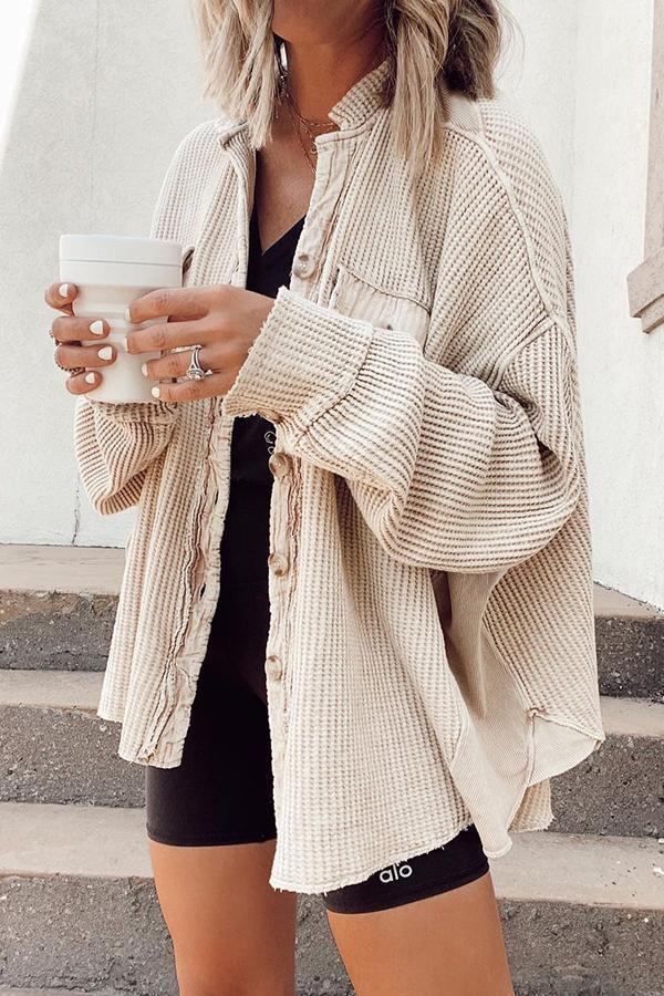 Soft Relaxed Fit Waffle Knit Button Down Shirt