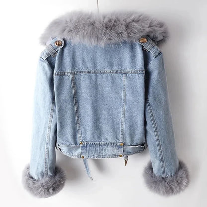 Women's Classic Blue Jeans Jacket with Embellished Details