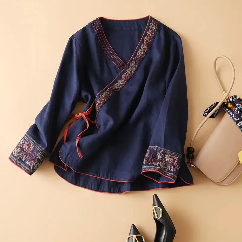 Casual Floral Embroidered Loose Fit Blouse