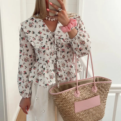 Feminine Floral Lace Trimmed Long Sleeve Top