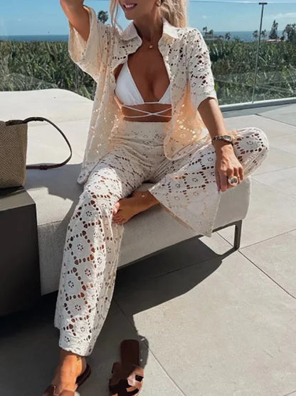 Wendy | White Two Piece Set - Chic Lace Hollow-Out Co-Ord Set for Women-4