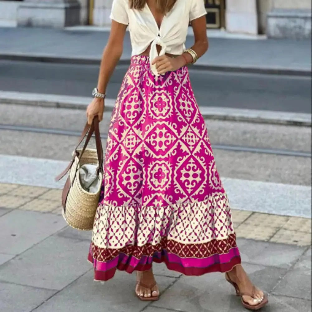 Women's Flowy High Waisted Printed Maxi Skirt