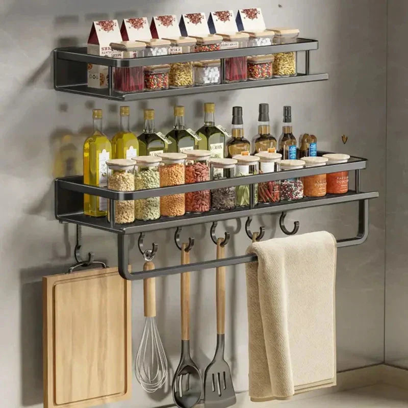 Space-Saving Kitchen Storage Rack with Tool Hooks