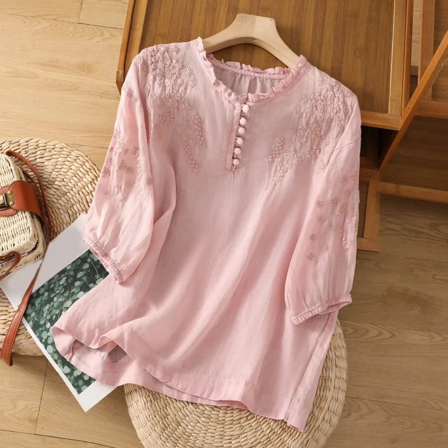 Classic Embroidered Front Button Top