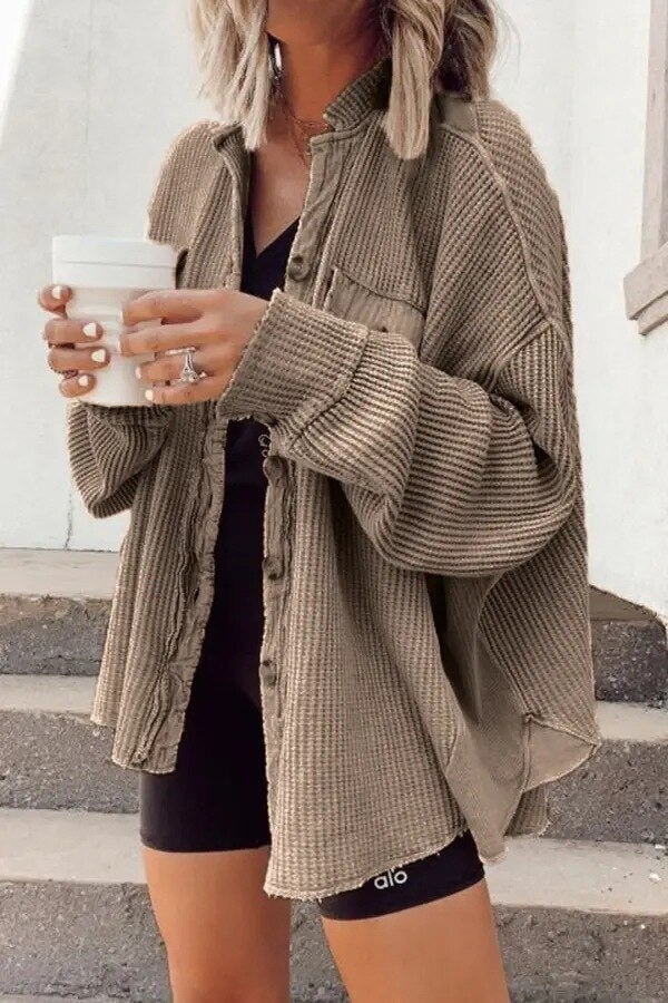 Soft Relaxed Fit Waffle Knit Button Down Shirt - Luxivelle