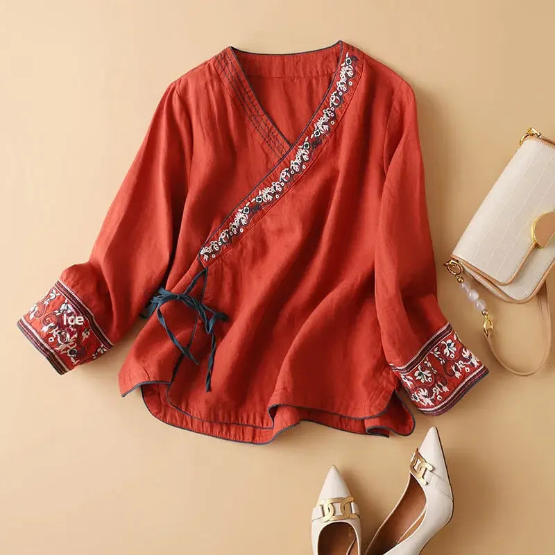 Casual Floral Embroidered Loose Fit Blouse