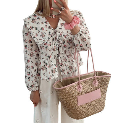 Feminine Floral Lace Trimmed Long Sleeve Top