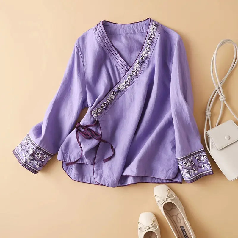 Casual Floral Embroidered Loose Fit Blouse
