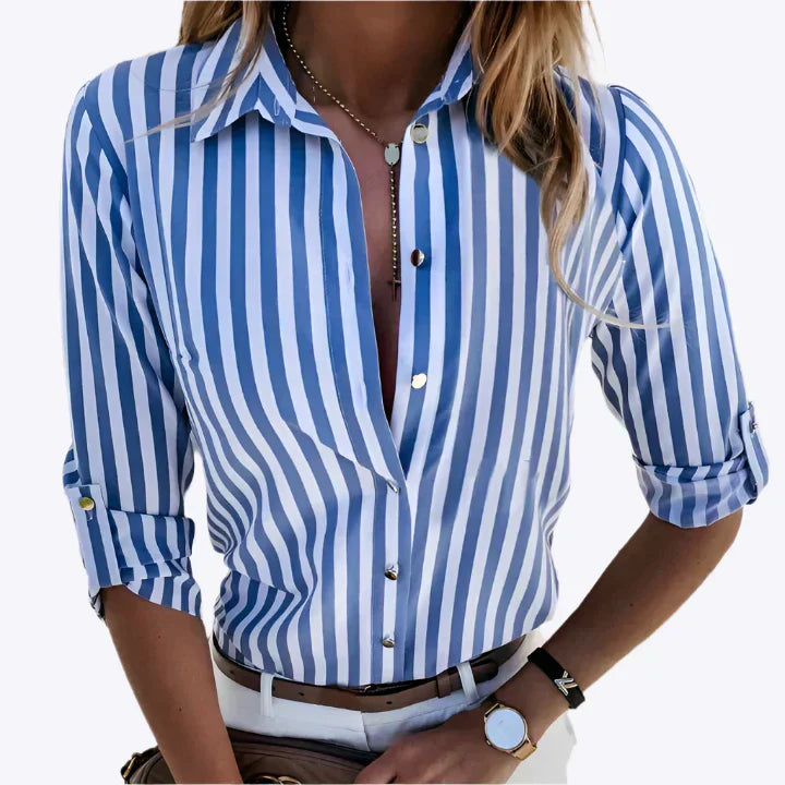 Casual Summer Striped Women's Long Sleeve Blouse Shirt - Luxivelle