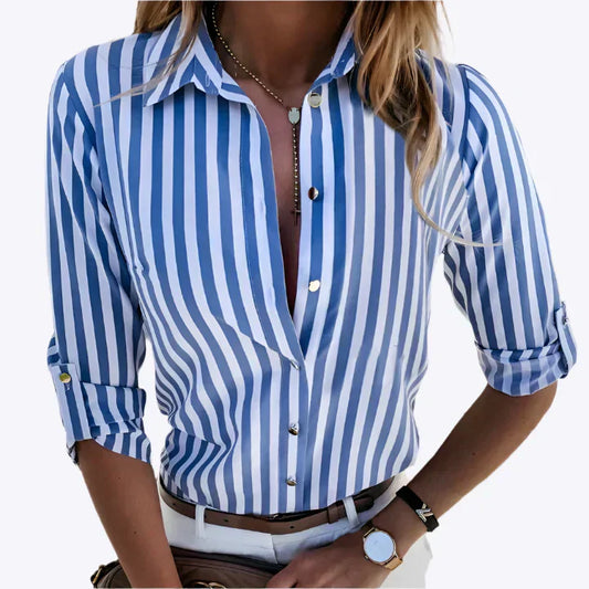 Casual Summer Striped Women's Long Sleeve Blouse Shirt - Luxivelle